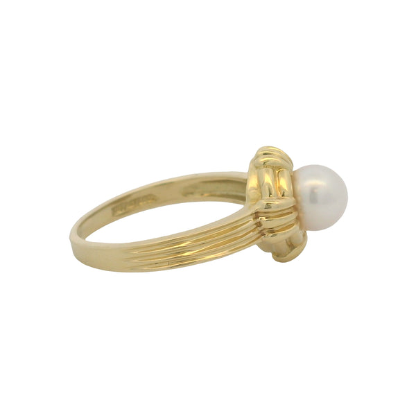 Vintage Tiffany & Co Solid 18kt Yellow Gold Grooved Akoya Pearl Solitaire Ring Size 6.25