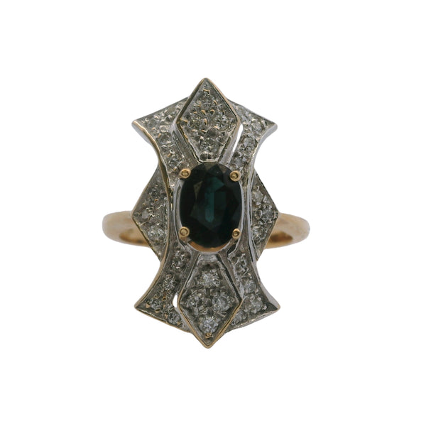 14kt White and Yellow Gold Statement Dinner Ring With Center Sapphire and Diamonds Size 6