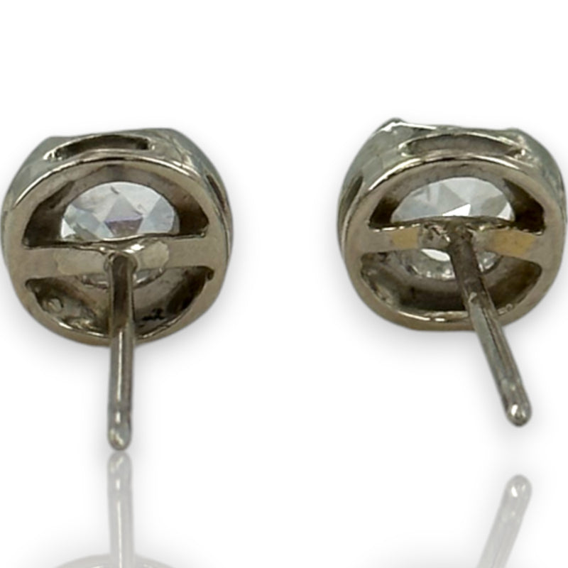 Vintage 14kt Solid White Gold Belcher-Setting with Antique Rose-Cut Diamond 8.2mm Stud Earrings