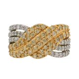 Solid 18kt Yellow Gold Cluster Crossover Ring with Yellow and White Diamond Waves Size 7