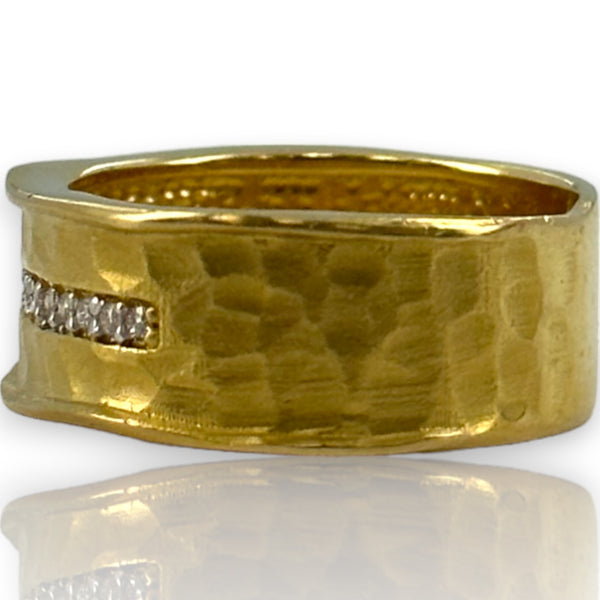 I. REISS Solid 14kt Yellow Gold Scalloped Textured Hammer-Finish Ring with Burnish Set Diamonds Size 7