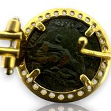 1980s Adriano Chimento 18kt Solid Yellow Gold 20mm Roman Coin Omega-Back Stud Earrings with Diamond Halo Made in Italy