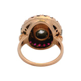 Antique 1930s 14kt Rose Gold Old Mine Diamond Cocktail Ring Ruby Halo Size 5.75