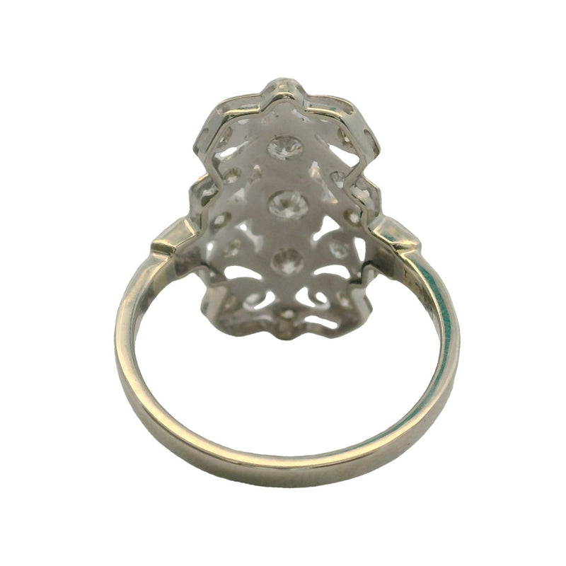 Antique 1920s Art Deco 14kt White Gold and Diamond 23mm Long Milgrain Filigree Dinner Ring Size 8.5