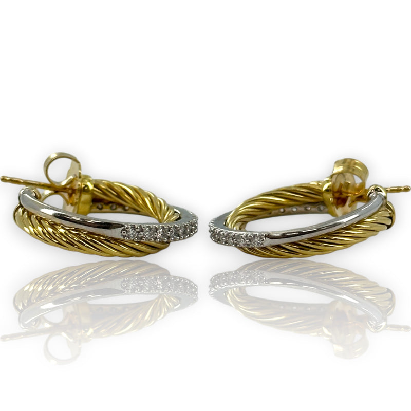 David Yurman Solid 18kt Yellow Gold Crossover 23mm Hoop Cable Earrings with 0.34ctw of Diamonds in Original Pouch