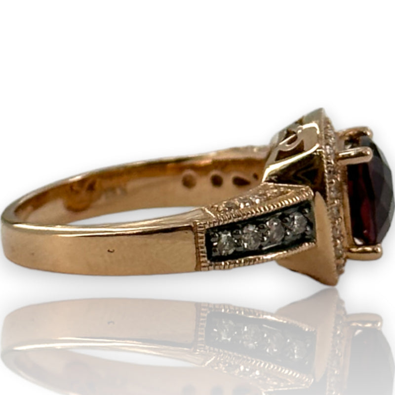 LeVian Solid 14kt Solid Rose Strawberry Gold Vivid Raspberry Rhodolite Garnet and Chocolate Diamonds with White Vanilla Diamond Halo Size 7 Ring