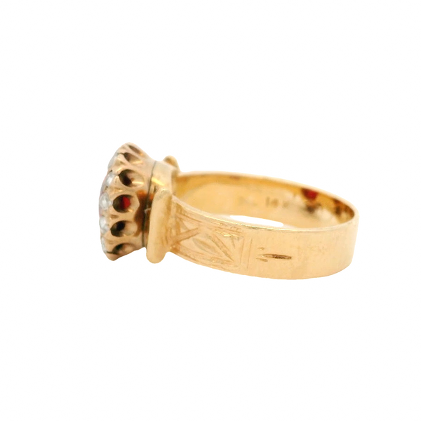 Antique Early 1900s Solid 14kt Yellow Gold and Vivid Red Garnet Ring with Rose Cut Diamond Halo Size 4.5