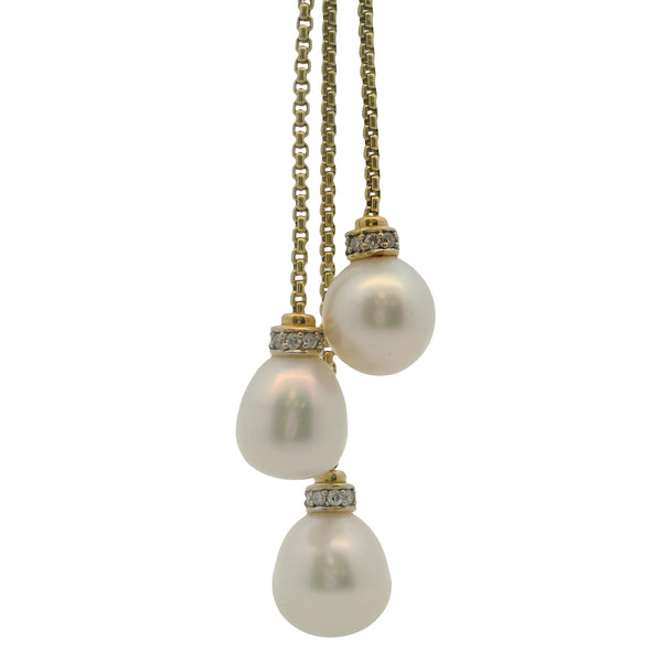 David Yurman Solid 18kt Yellow Gold Multi-Strand Box Chain Pearl and Diamond Lariat Necklace