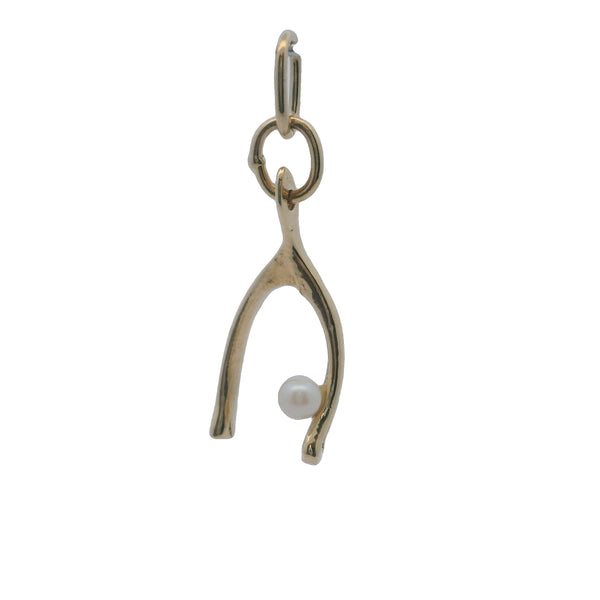 Vintage 14kt Yellow Gold Good Luck Wishbone Charm Pendant With Cultured Pearl