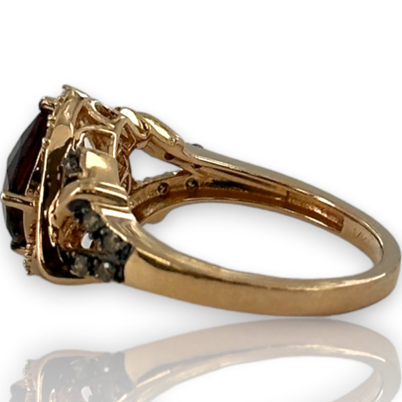 LeVian 14kt Solid Rose Gold Raspberry Rhodolite Garnet Ring with Accent Chocolate Cognac and White Vanilla Diamonds Size 7