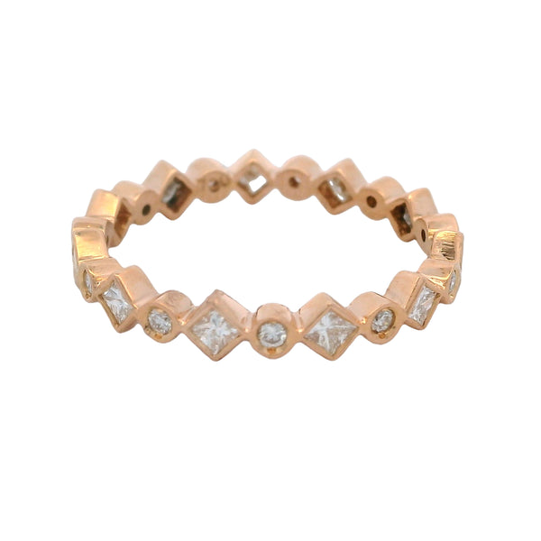 Solid 18kt Rose Gold Round and Princess Cut Alternating Diamond Band