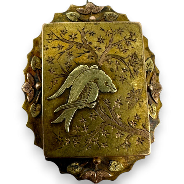 Victorian 14kt Yellow, Rose, and Green Gold Mourning Pin with Swallow and Original Frame and Pinback