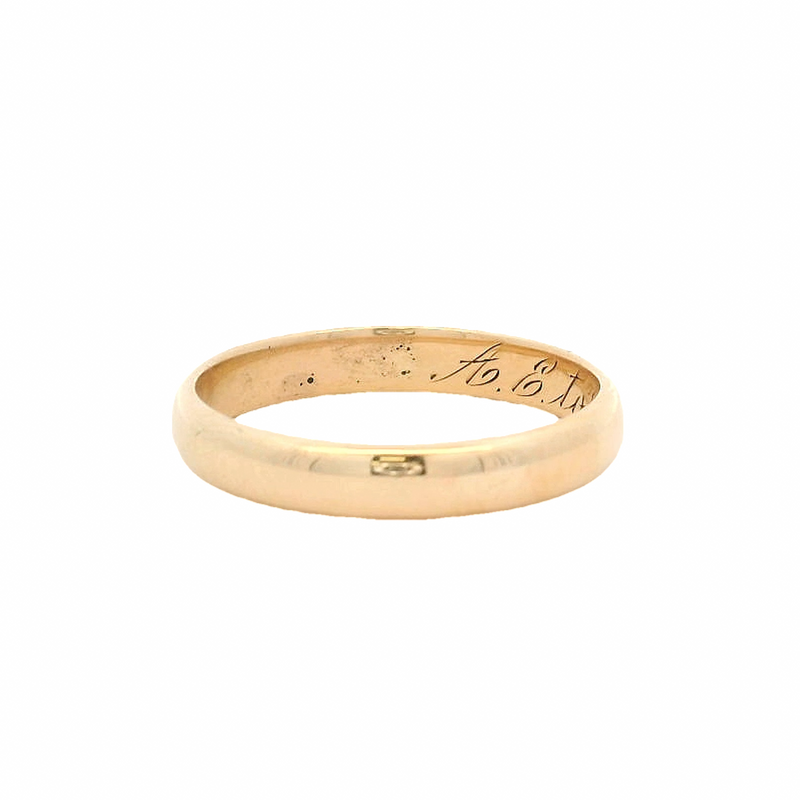 Antique 1933 Solid 14kt Yellow Gold 3.5mm Wide Band Ring with Interior Inscription "AE to KW 9-28-33" Size 8