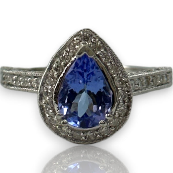 Solid 14kt White Gold Rhodium Plated Pear Shaped Prong Set Tanzanite Solitaire Ring with Diamond Halo Size 7.5
