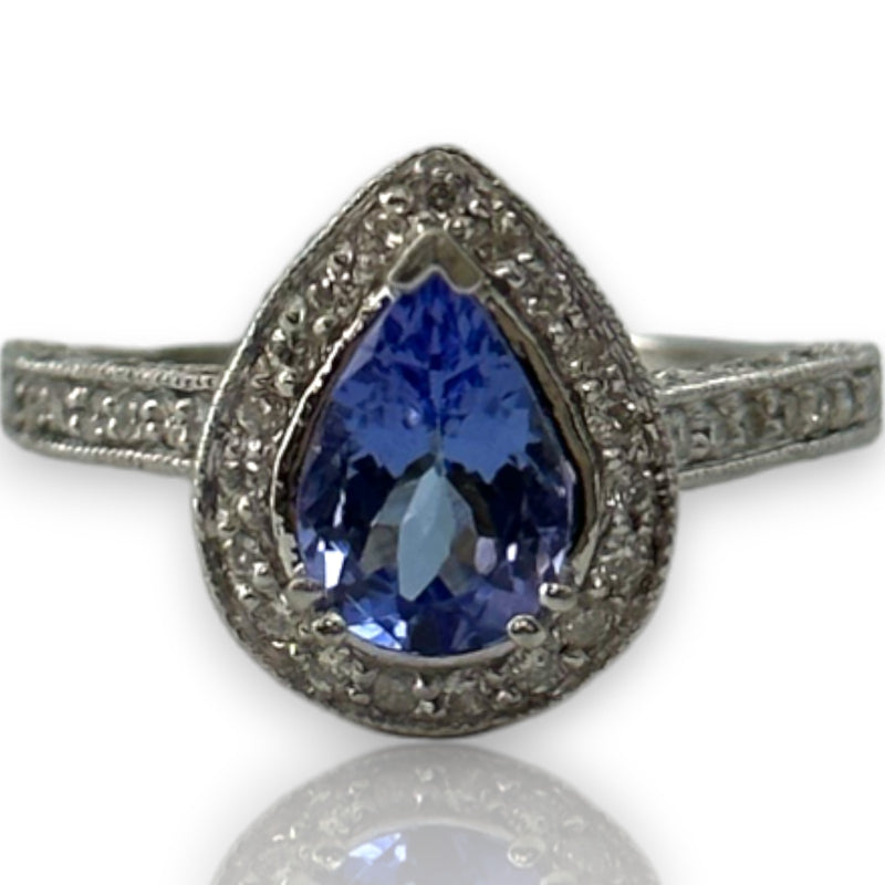 Solid 14kt White Gold Rhodium Plated Pear Shaped Prong Set Tanzanite Solitaire Ring with Diamond Halo Size 7.5