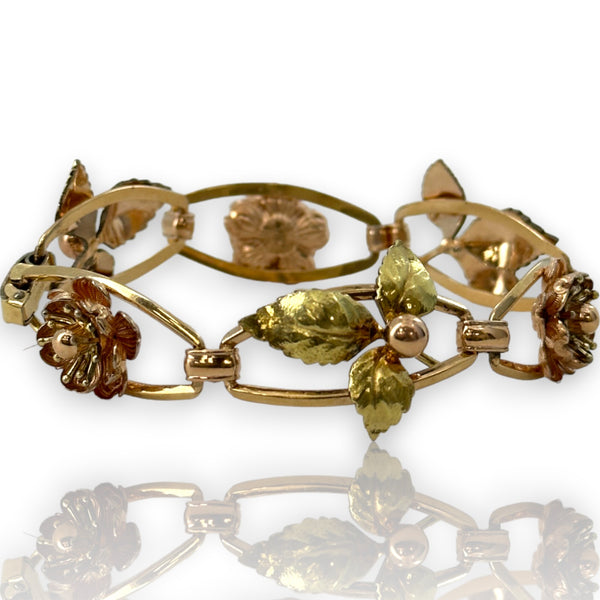 Krementz Vintage 1940s 925 Sterling Silver and Multi-Tone 10k Gold Filled Chrysanthemum Bracelet