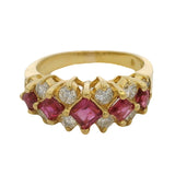14kt Yellow Gold, Square Cut Ruby, and Diamond 7.5mm Half-Eternity Cluster Ring Size 4.75