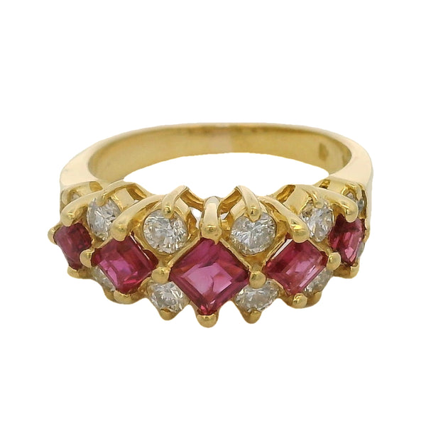 14kt Yellow Gold, Square Cut Ruby, and Diamond 7.5mm Half-Eternity Cluster Ring Size 4.75
