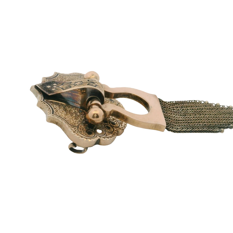 1860-1890s Victorian 10kt Yellow Gold Taille d’Epargné Black Enamel Doorknocker Tassel Brooch with Original C Clasp