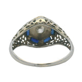 Antique Early 1920s Solid 14kt White Gold Old Euro Diamond and Sapphire Filigree Deco Ring Size 6