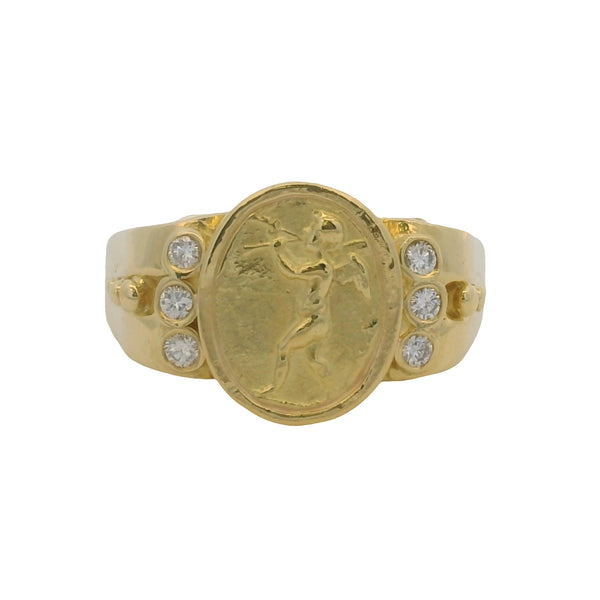Seidengang Classic Collection Solid 18kt Yellow Gold Cherub Angel Motif Ring with 6 Accent Diamonds Size 6