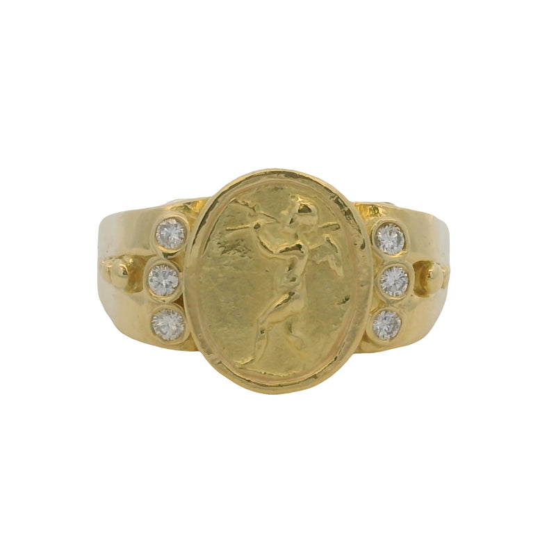 Seidengang Classic Collection Solid 18kt Yellow Gold Cherub Angel Motif Ring with 6 Accent Diamonds Size 6