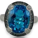 QCD Large Oval Blue Topaz & Diamond Halo Accent 14K 585 White Gold Ring Size 9