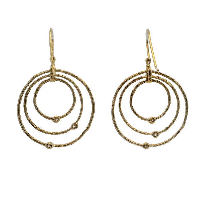 D2D Solid 18kt Yellow Gold 3 Textured Circle Diamond Hook Dangle/Drop Earrings