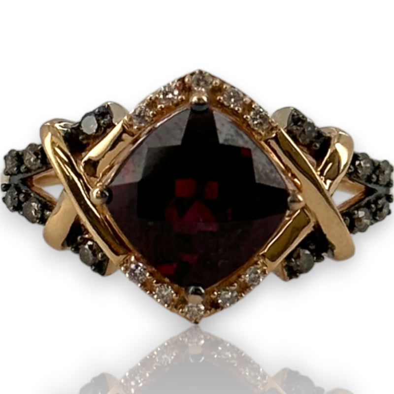 LeVian 14kt Solid Rose Gold Raspberry Rhodolite Garnet Ring with Accent Chocolate Cognac and White Vanilla Diamonds Size 7