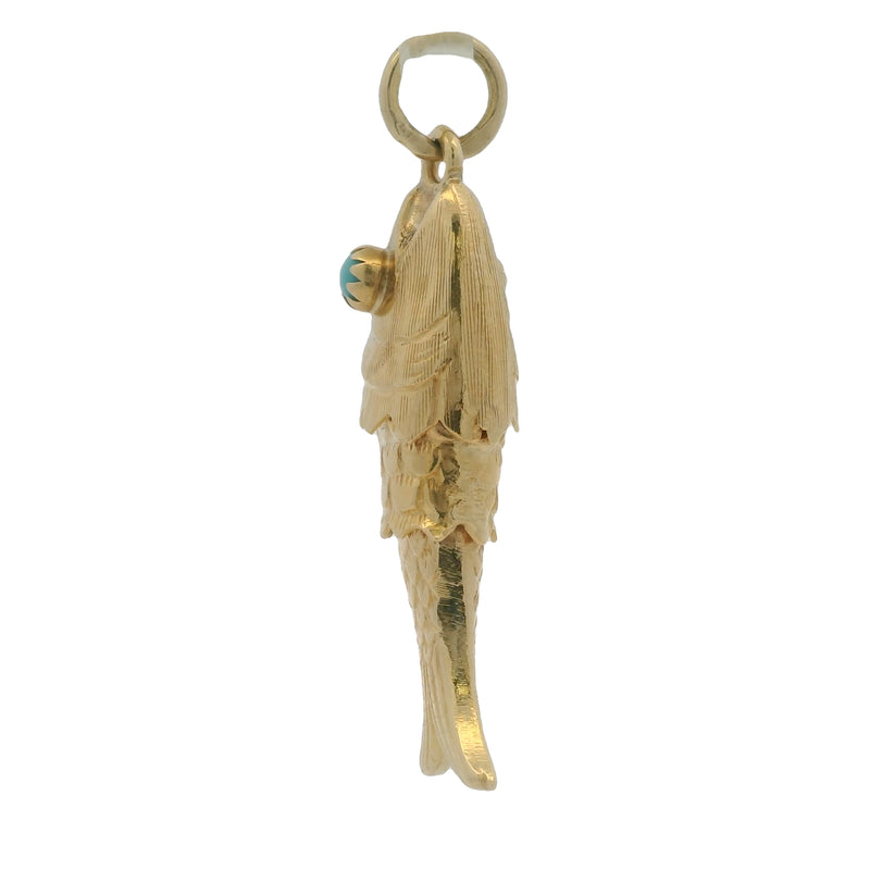 Vintage Italian Solid 18kt Yellow Gold Articulated 1.5" Fish Pendant with Turquoise Eyes