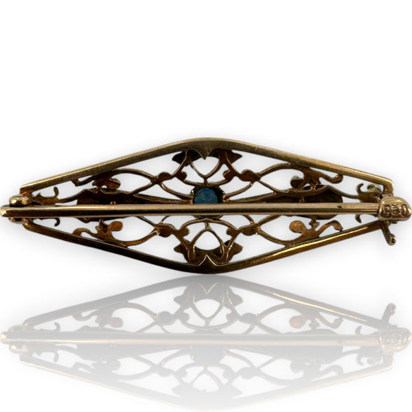 Ostby & Barton Co Antique 1930s 10kt Yellow and White Gold Filigree Brooch with Glass and Seed Pearls
