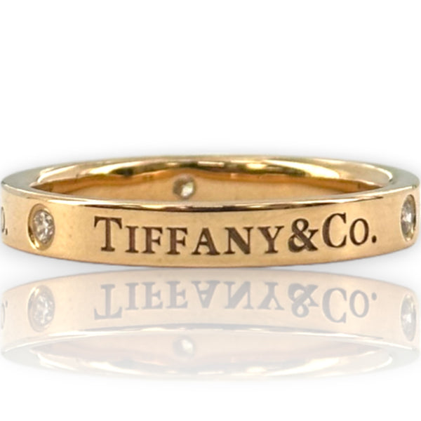 Tiffany & Co 18kt Rose Gold Band Ring with Outside Logo and 3 Round Brilliant Diamonds