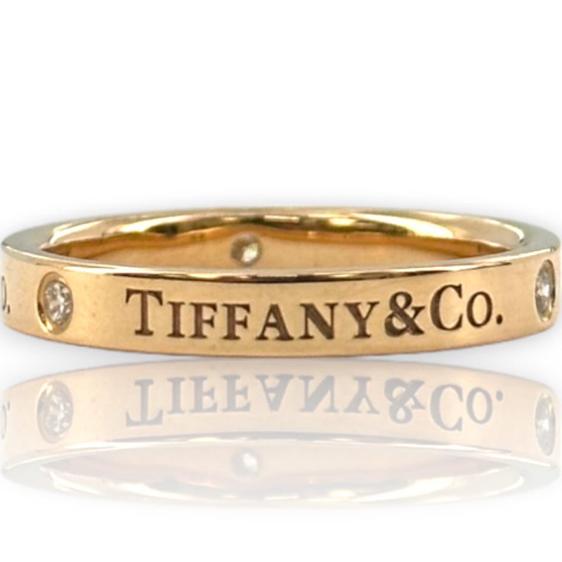 Tiffany & Co 18kt Rose Gold Band Ring with Outside Logo and 3 Round Brilliant Diamonds