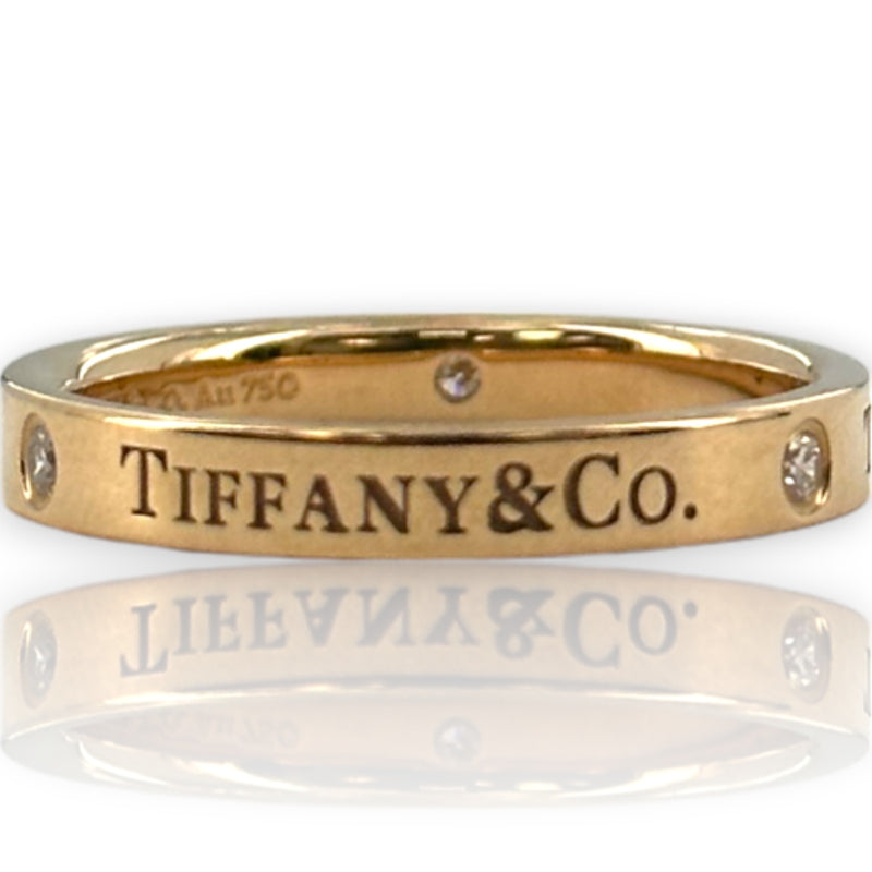 Tiffany & Co 18kt Rose Gold Band Ring with Outside Logo and 3 Round Brilliant Diamonds