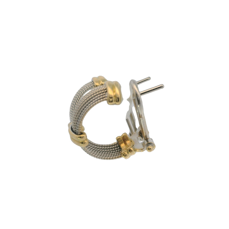 Italian 18kt Yellow and White Gold Twisted Rope Pierced Huggie Hoop Omega-Back Earrings