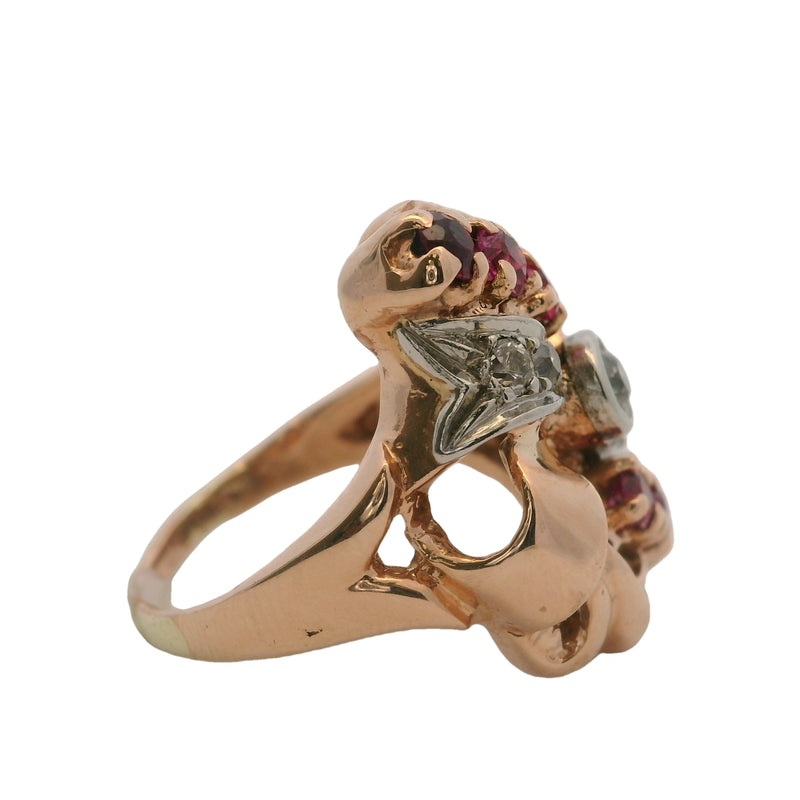 1930s Early Retro 14kt Rose Gold Ribbon Ring with Old Mine Diamonds and Lab Rubies Size 6.5