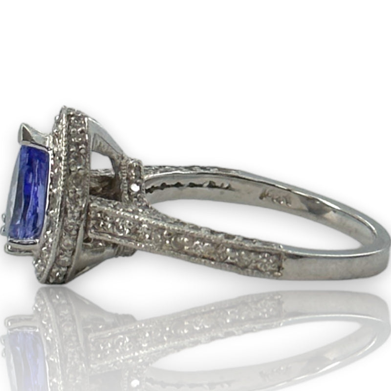 Solid 14kt White Gold Rhodium Plated Pear Shaped Prong Set Tanzanite Solitaire Ring with Diamond Halo Size 7.5