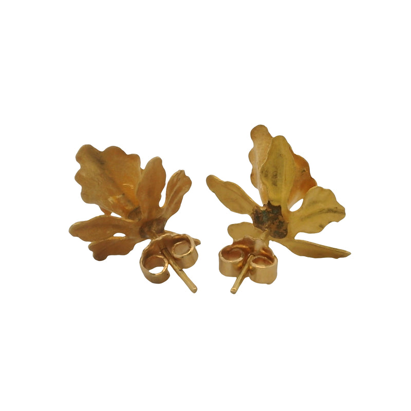 Vintage 18kt Yellow 3D Gold and Pearl Orchid Flower Stud Earrings