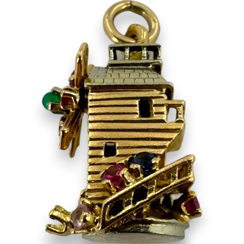 Vintage Solid 14kt Yellow Gold with White Gold Accents Moving Detailed Windmill Charm with Lab Rubies, Sapphires, and Emerald Pendant