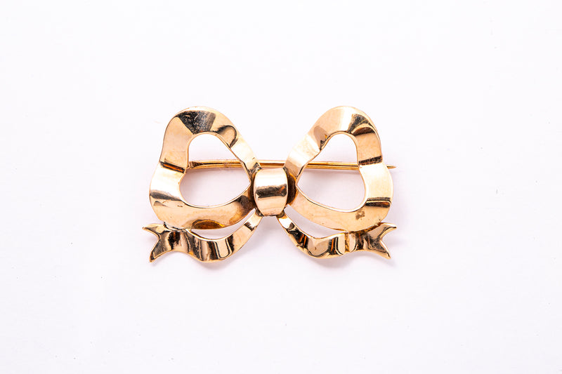 Antique Ribbon Flowing Wavy Gift Bow Lapel Pin Solid 10K 417 Rose Gold Brooch