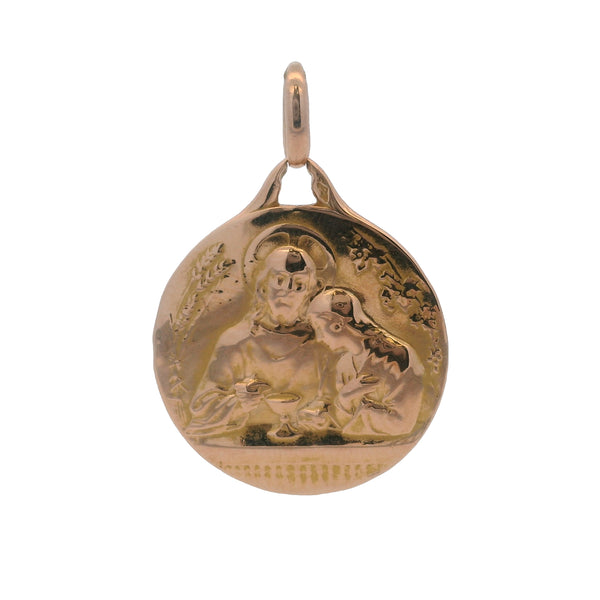 Antique 1912 French Solid 18kt Rose Gold Religious Holy Communion Circle Pendant Engraved