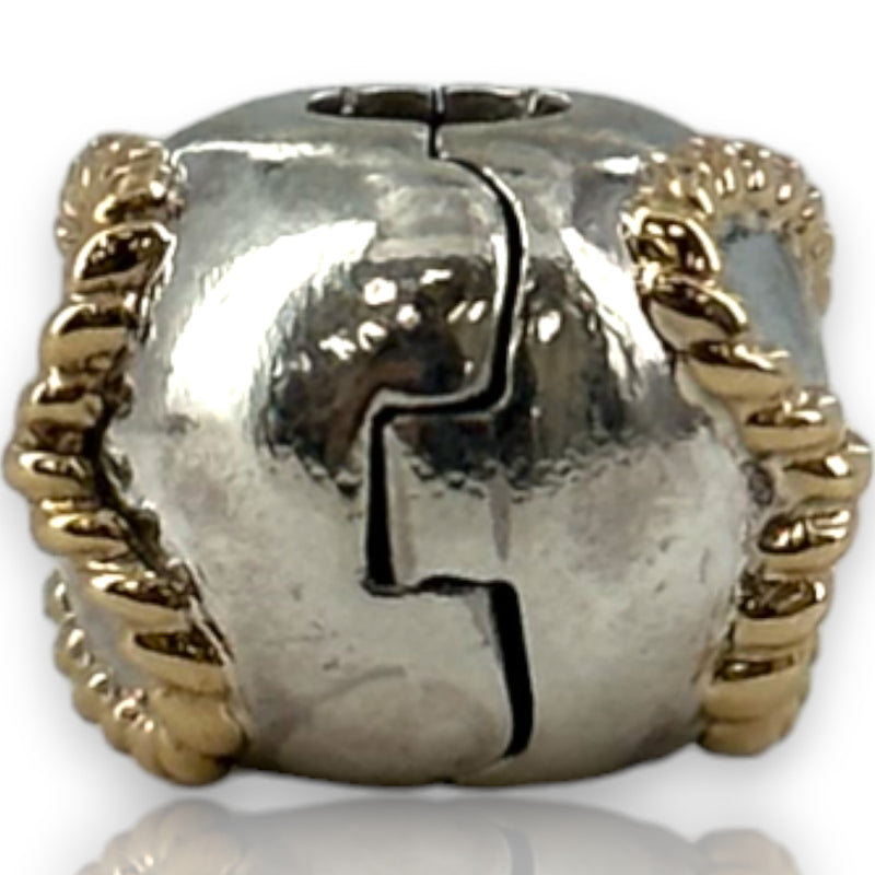 Pandora 925 Sterling Silver Clip Slider Charm with 14kt Yellow Gold Braided Hearts G585 ALE