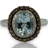 LeVian 14kt Solid White Gold and Sea Blue Aquamarine Ring with Double Halo of Champagne and White Vanilla Diamonds Size 7.5