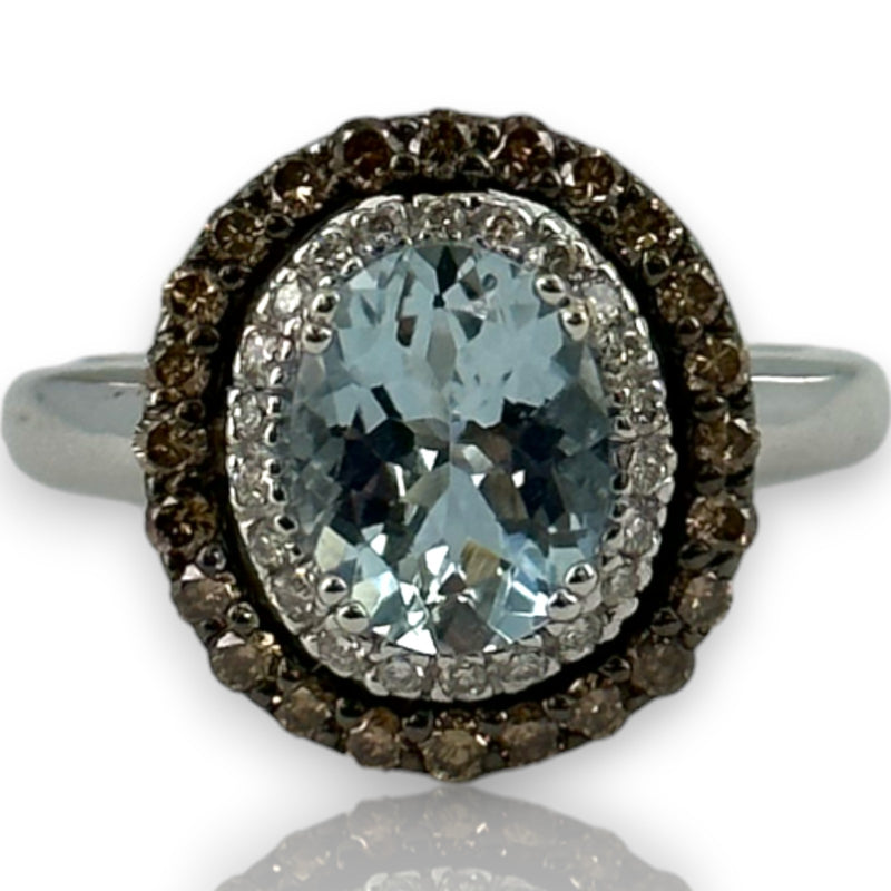 LeVian 14kt Solid White Gold and Sea Blue Aquamarine Ring with Double Halo of Champagne and White Vanilla Diamonds Size 7.5