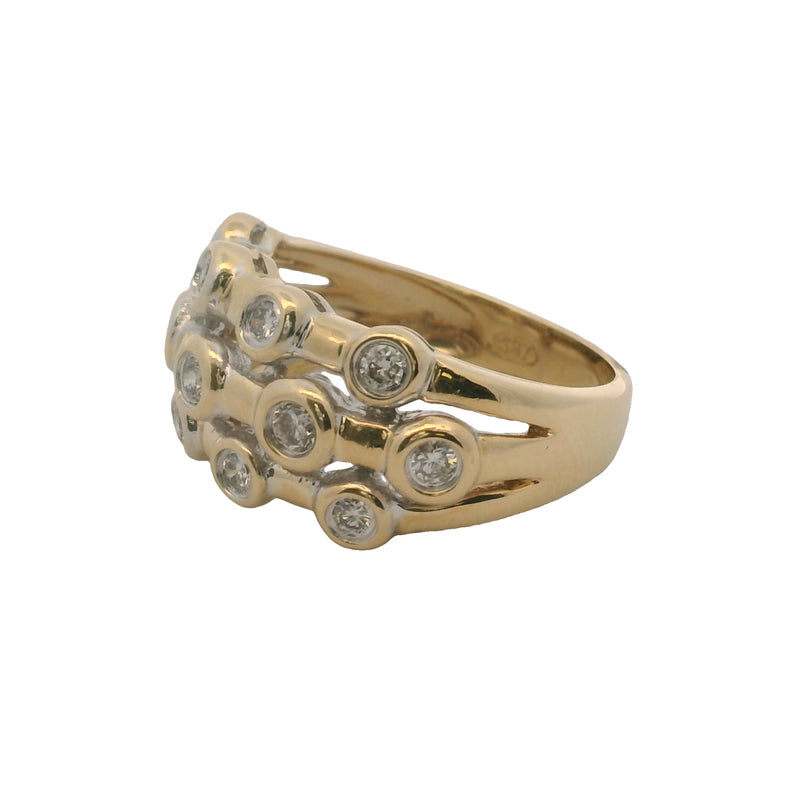 SBT Solid 14kt Yellow Gold and Bezel Set Diamond 3-Row Bubble Ring Size 7