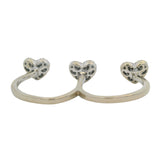 Solid 18kt White Gold and Diamond Pave 3 Hearts Double 2-Finger Wrap Ring Size 7