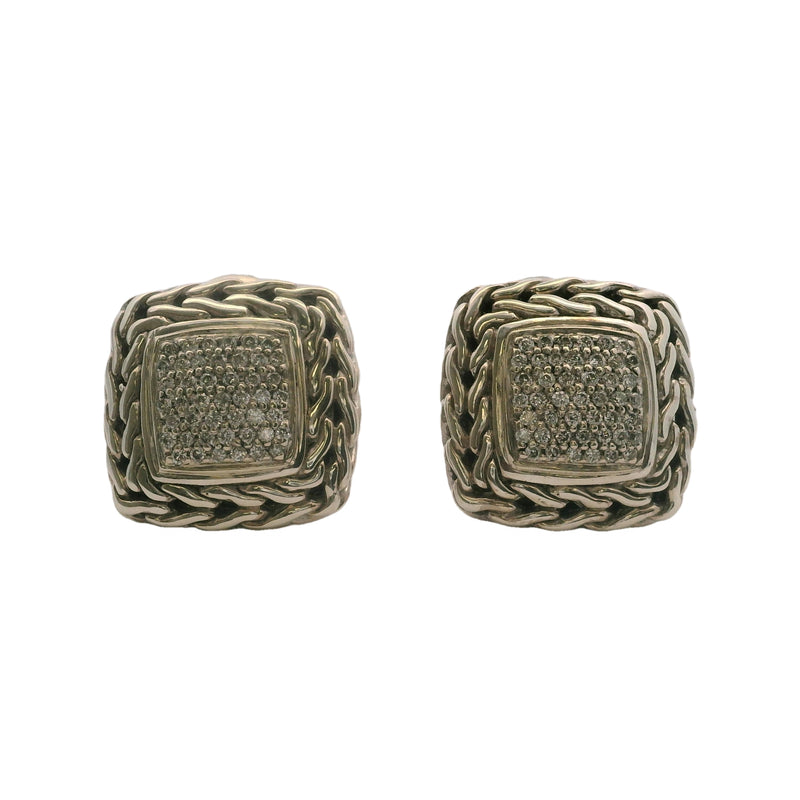 John Hardy 925 Sterling Silver/18kt Gold and Diamond Cluster Classic Square Chain Earrings