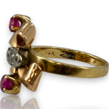 Retro 1930-40s Gochman & Held Solid 14kt Rose, Yellow, and White Gold Cocktail Ring with Old Mine Cut Diamonds and Lab Rubies Size 6