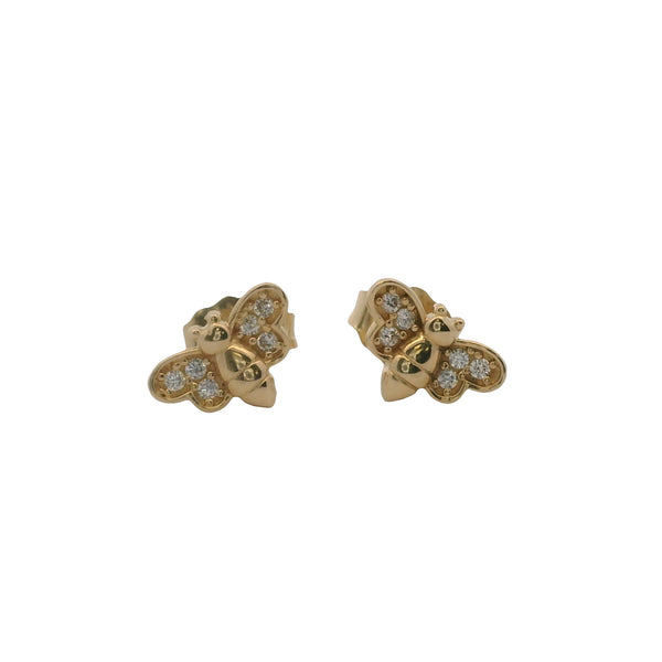 Solid 14kt Yellow Gold and Cubic Zirconia Dainty Bee Insect Stud Earrings