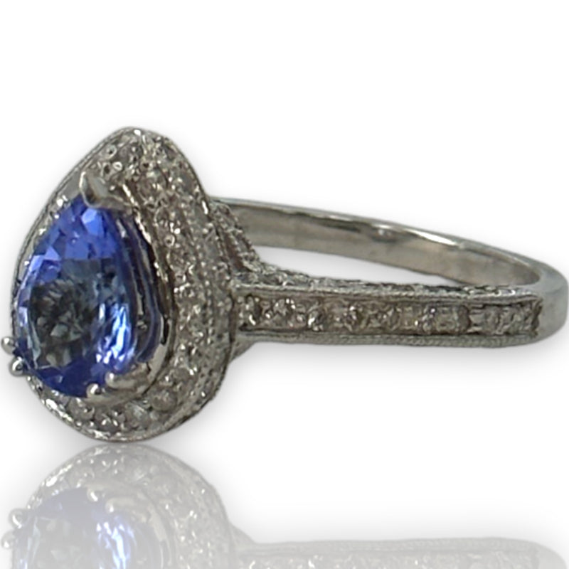 Solid 14kt White Gold Rhodium Plated Pear Shaped Prong Set Tanzanite Solitaire Ring with Diamond Halo Size 7.5